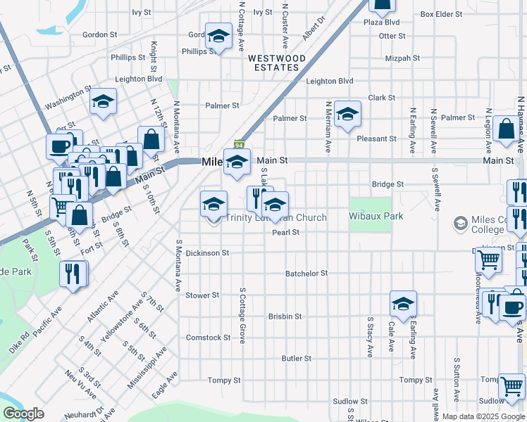 map of restaurants, bars, coffee shops, grocery stores, and more near 109-199 South Lake Avenue in Miles City