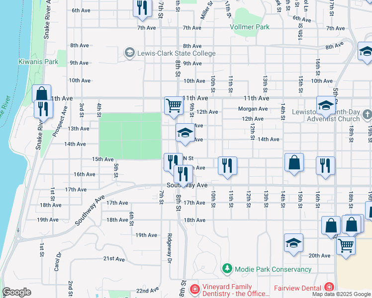 map of restaurants, bars, coffee shops, grocery stores, and more near 1409 8th Street in Lewiston