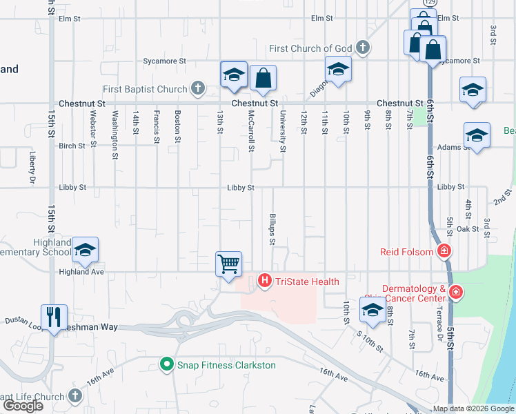 map of restaurants, bars, coffee shops, grocery stores, and more near 1200 McCarroll Street in Clarkston