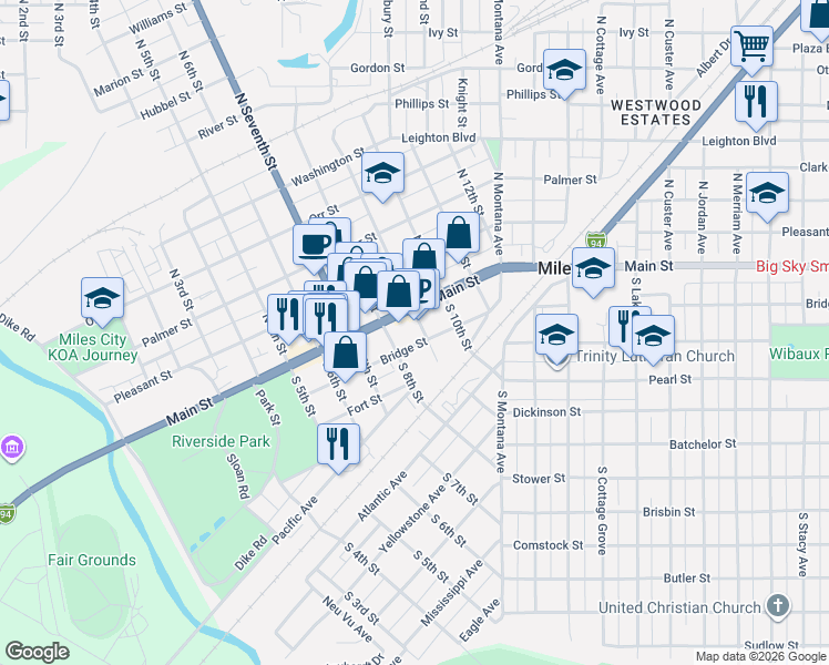 map of restaurants, bars, coffee shops, grocery stores, and more near 21 South 9th Street in Miles City
