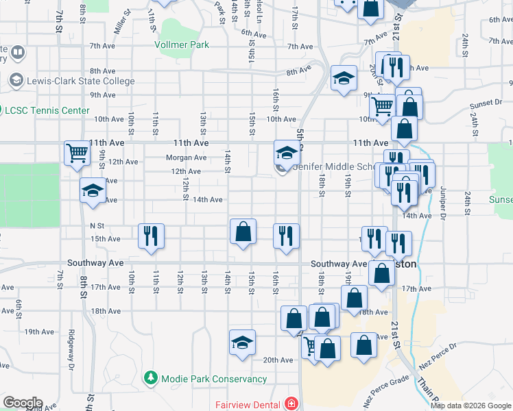 map of restaurants, bars, coffee shops, grocery stores, and more near 1506 13th Avenue in Lewiston