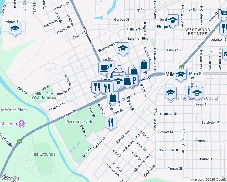 map of restaurants, bars, coffee shops, grocery stores, and more near 707 Main Street in Miles City