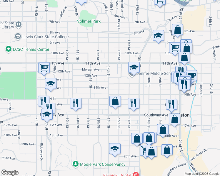 map of restaurants, bars, coffee shops, grocery stores, and more near 1408 13th Avenue in Lewiston