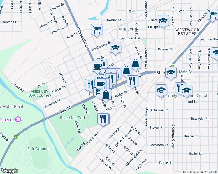 map of restaurants, bars, coffee shops, grocery stores, and more near 707 Main Street in Miles City