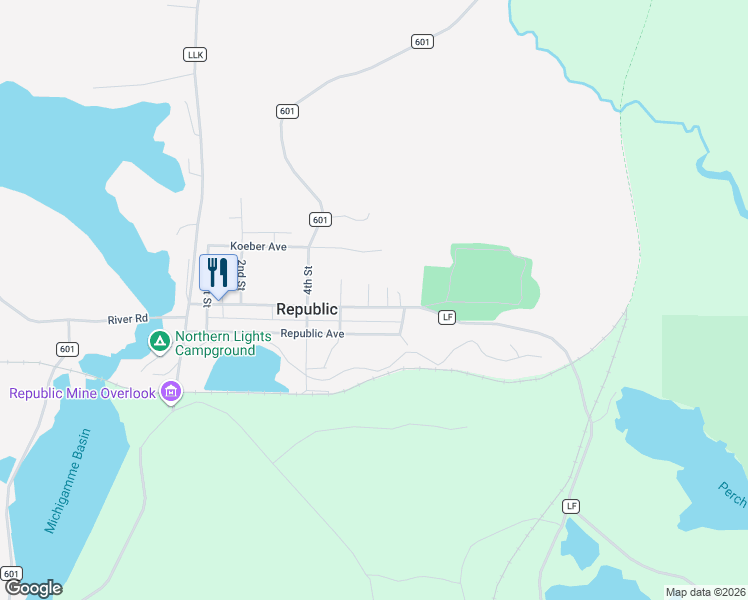 map of restaurants, bars, coffee shops, grocery stores, and more near 101-107 6th Street in Republic Township