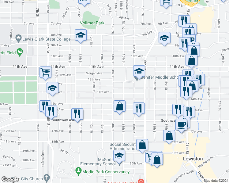 map of restaurants, bars, coffee shops, grocery stores, and more near 1408 13th Avenue in Lewiston