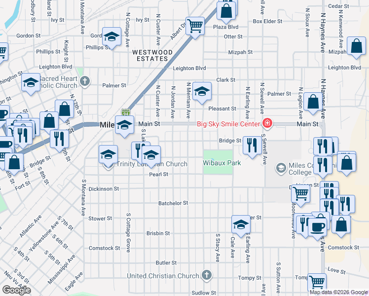 map of restaurants, bars, coffee shops, grocery stores, and more near 104 South Merriam Avenue in Miles City