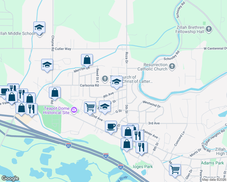 map of restaurants, bars, coffee shops, grocery stores, and more near 217 4th Avenue in Zillah