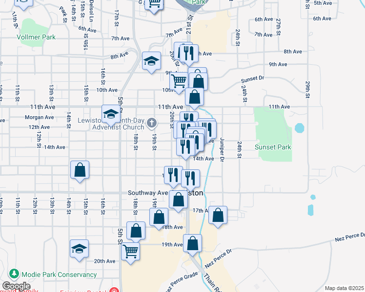 map of restaurants, bars, coffee shops, grocery stores, and more near 1304 21st Street in Lewiston