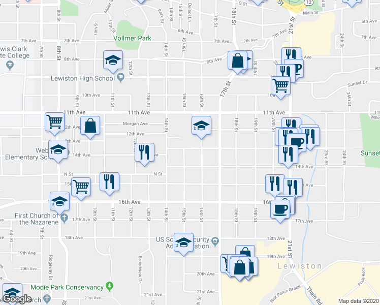 map of restaurants, bars, coffee shops, grocery stores, and more near 1506 13th Avenue in Lewiston