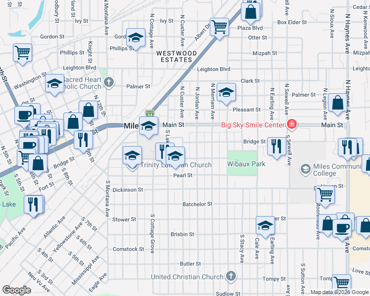 map of restaurants, bars, coffee shops, grocery stores, and more near 105-199 South Custer Avenue in Miles City