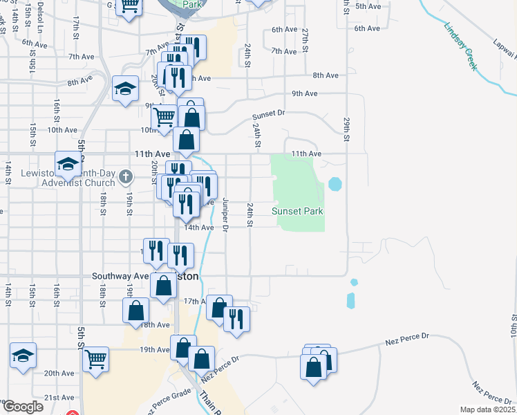 map of restaurants, bars, coffee shops, grocery stores, and more near 2410 13th Avenue in Lewiston