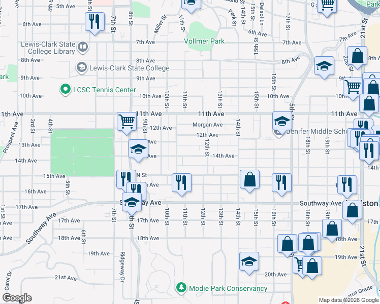 map of restaurants, bars, coffee shops, grocery stores, and more near 1127 14th Avenue in Lewiston