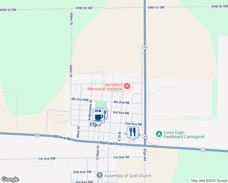 map of restaurants, bars, coffee shops, grocery stores, and more near 101-199 5th Avenue Northeast in Elgin