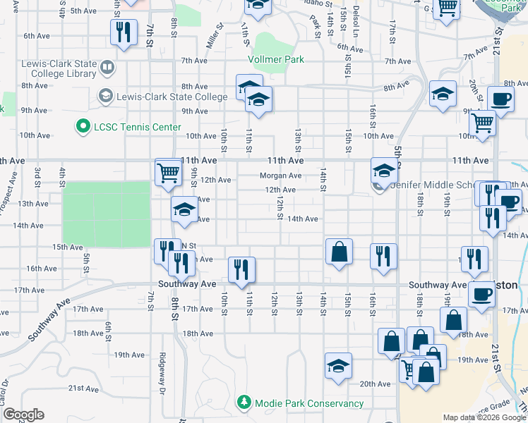 map of restaurants, bars, coffee shops, grocery stores, and more near 1127 14th Avenue in Lewiston