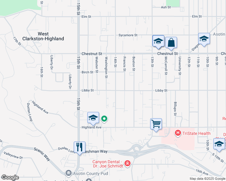 map of restaurants, bars, coffee shops, grocery stores, and more near 1409 Libby Street in Clarkston