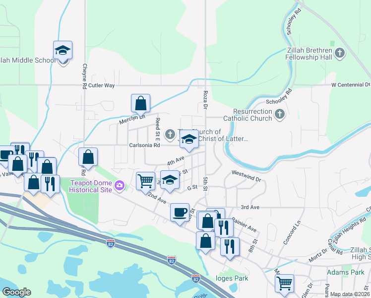 map of restaurants, bars, coffee shops, grocery stores, and more near 217 4th Ave in Zillah