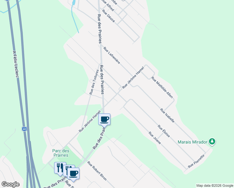 map of restaurants, bars, coffee shops, grocery stores, and more near Boulevard J Real Desrosiers in Trois-Rivières