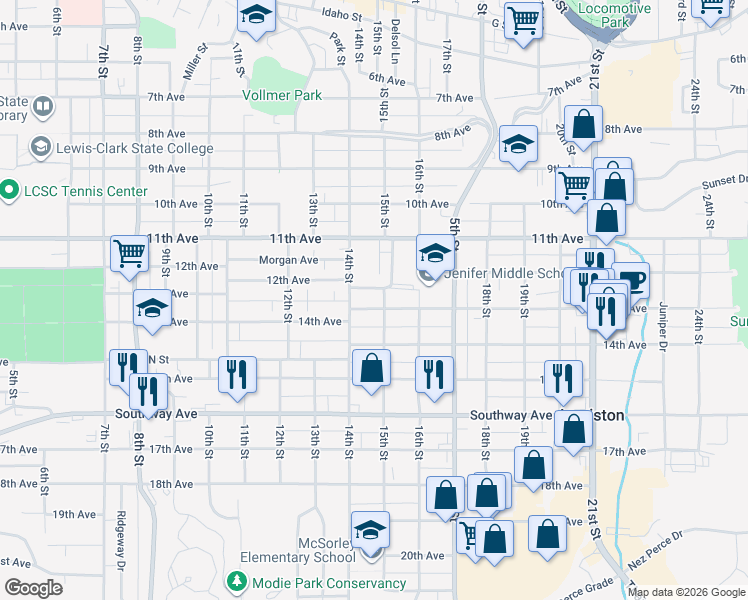 map of restaurants, bars, coffee shops, grocery stores, and more near 1408 13th Avenue in Lewiston