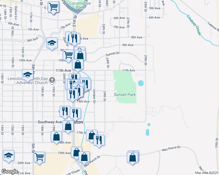 map of restaurants, bars, coffee shops, grocery stores, and more near 2410 13th Avenue in Lewiston