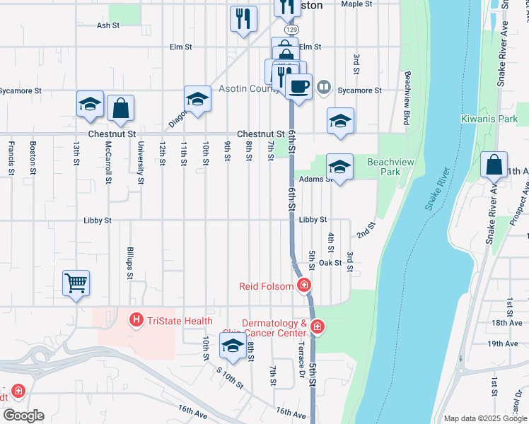 map of restaurants, bars, coffee shops, grocery stores, and more near 1201 7th Street in Clarkston