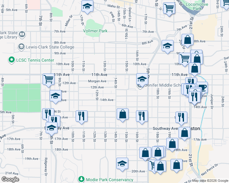 map of restaurants, bars, coffee shops, grocery stores, and more near 1408 13th Avenue in Lewiston