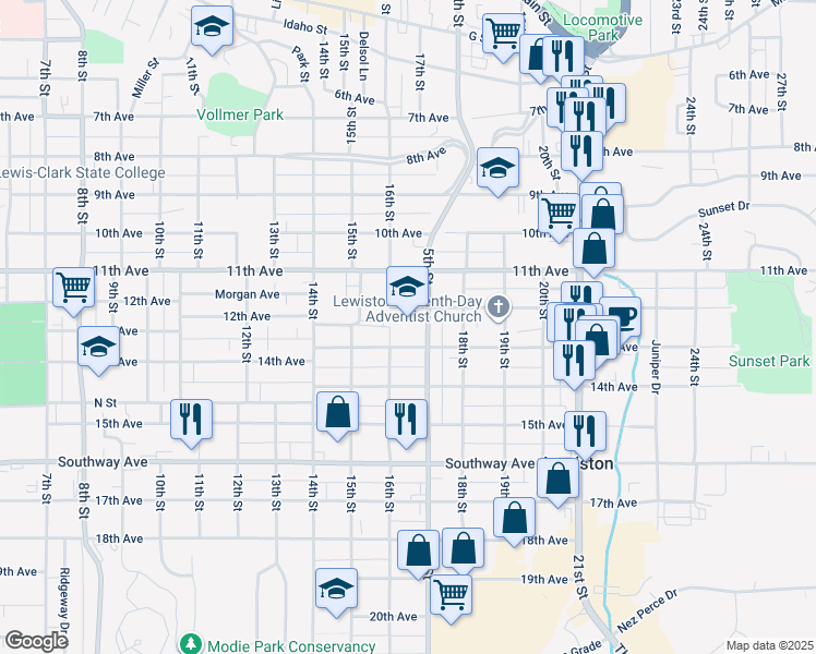 map of restaurants, bars, coffee shops, grocery stores, and more near 1213 16th Street in Lewiston