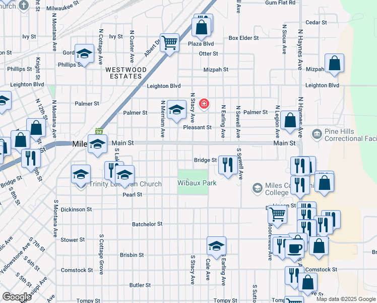 map of restaurants, bars, coffee shops, grocery stores, and more near 2201-2299 Highway 59 in Miles City