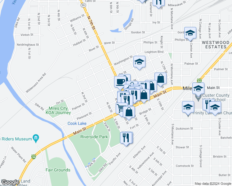 map of restaurants, bars, coffee shops, grocery stores, and more near 206 North 6th Street in Miles City