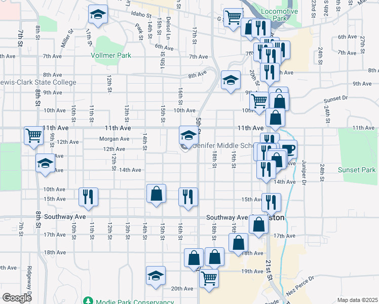 map of restaurants, bars, coffee shops, grocery stores, and more near 1213 16th Street in Lewiston
