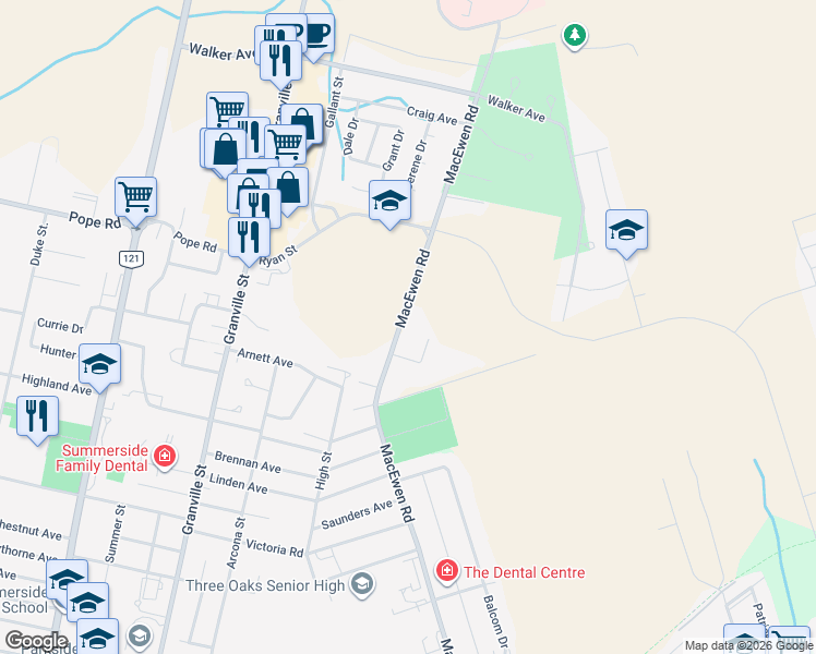 map of restaurants, bars, coffee shops, grocery stores, and more near 387 Macewen Road in Summerside