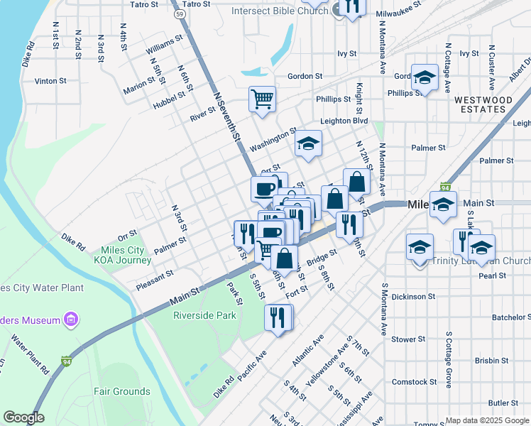 map of restaurants, bars, coffee shops, grocery stores, and more near 708 Palmer Street in Miles City