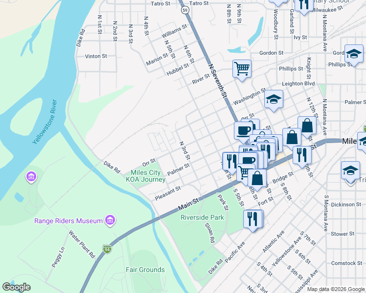 map of restaurants, bars, coffee shops, grocery stores, and more near 301 North 3rd Street in Miles City