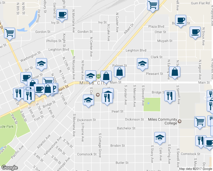 map of restaurants, bars, coffee shops, grocery stores, and more near 1720 Main Street in Miles City