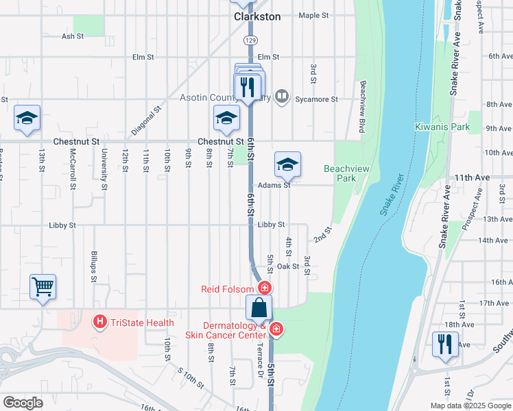 map of restaurants, bars, coffee shops, grocery stores, and more near 1109 6th Street in Clarkston