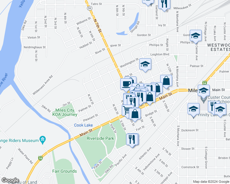 map of restaurants, bars, coffee shops, grocery stores, and more near 206 North 6th Street in Miles City