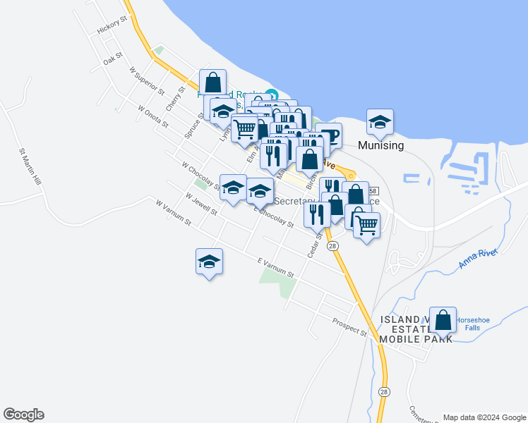 map of restaurants, bars, coffee shops, grocery stores, and more near 399 Maple St in Munising