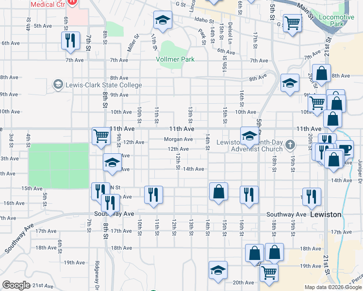 map of restaurants, bars, coffee shops, grocery stores, and more near 1131 12th Street in Lewiston