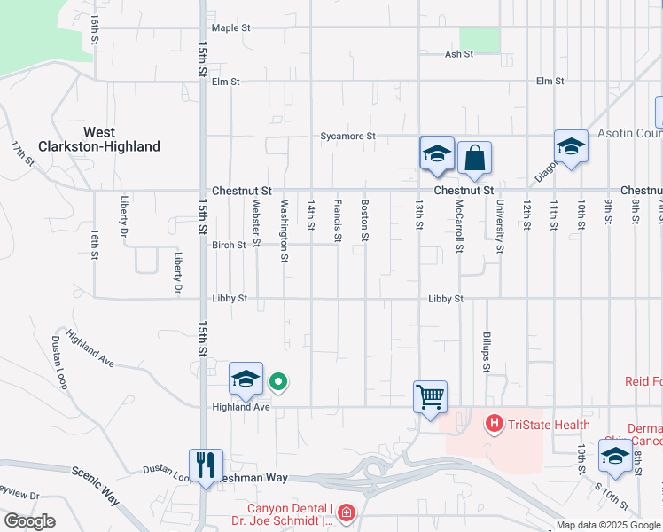 map of restaurants, bars, coffee shops, grocery stores, and more near 1126 Francis Street in Clarkston