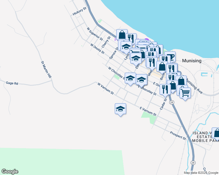 map of restaurants, bars, coffee shops, grocery stores, and more near 101-199 West Jewell Street in Munising