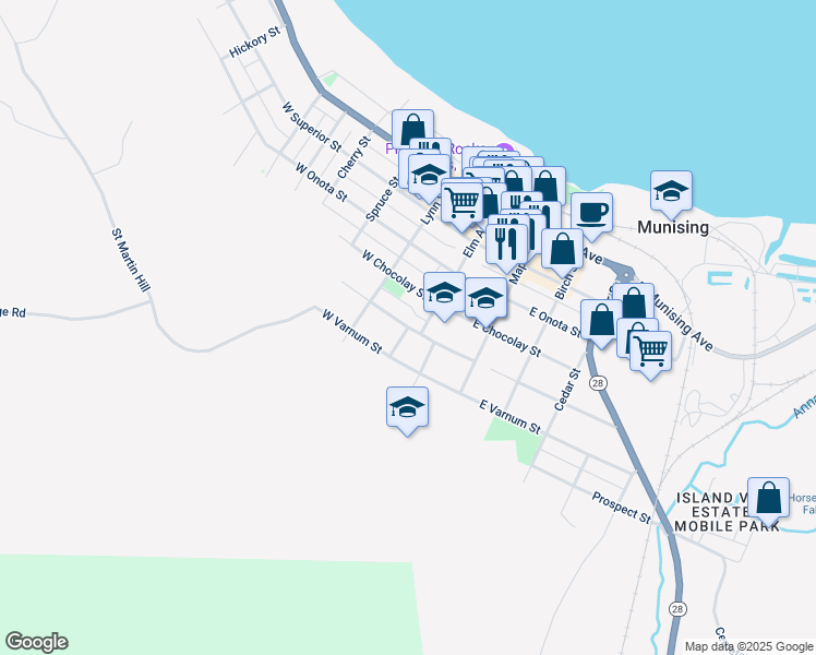 map of restaurants, bars, coffee shops, grocery stores, and more near 101 West Jewell Street in Munising
