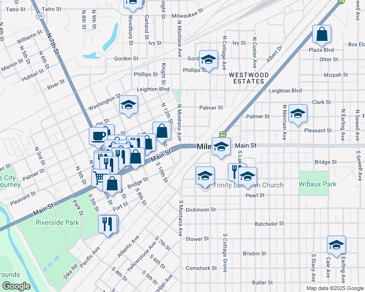 map of restaurants, bars, coffee shops, grocery stores, and more near 1401 Main Street in Miles City