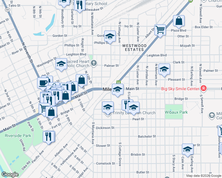 map of restaurants, bars, coffee shops, grocery stores, and more near Montana 59 in Miles City