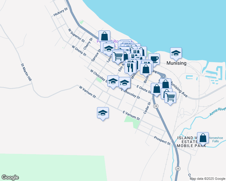map of restaurants, bars, coffee shops, grocery stores, and more near 411 Elm Avenue in Munising