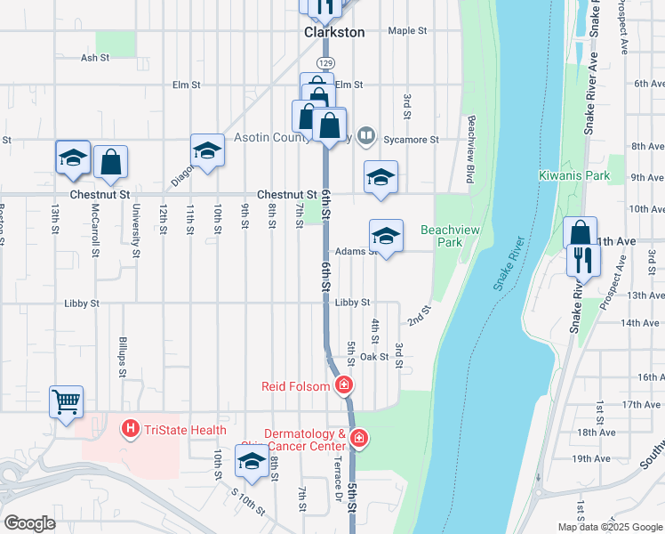 map of restaurants, bars, coffee shops, grocery stores, and more near 1109 6th Street in Clarkston