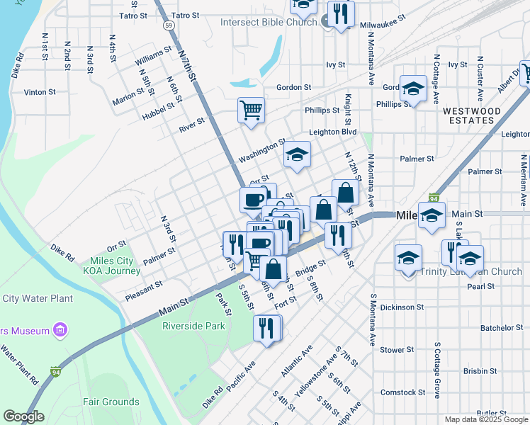 map of restaurants, bars, coffee shops, grocery stores, and more near 708 Palmer Street in Miles City