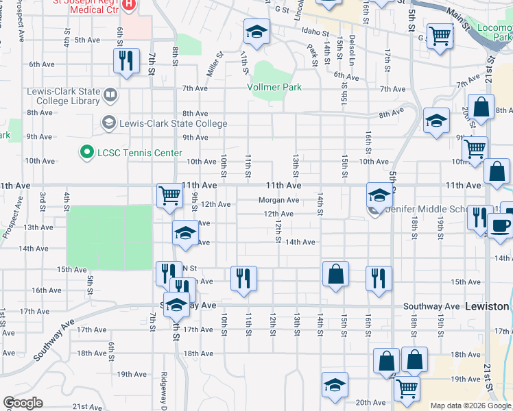 map of restaurants, bars, coffee shops, grocery stores, and more near 1129 12th Avenue in Lewiston