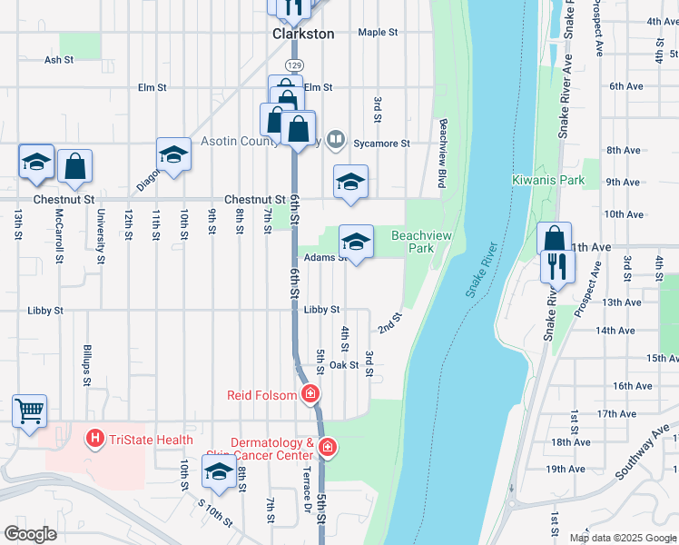 map of restaurants, bars, coffee shops, grocery stores, and more near 1114 4th Street in Clarkston