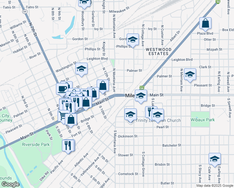 map of restaurants, bars, coffee shops, grocery stores, and more near 1401 Main Street in Miles City