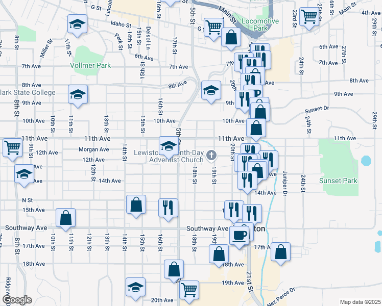 map of restaurants, bars, coffee shops, grocery stores, and more near 1125 17th Street in Lewiston